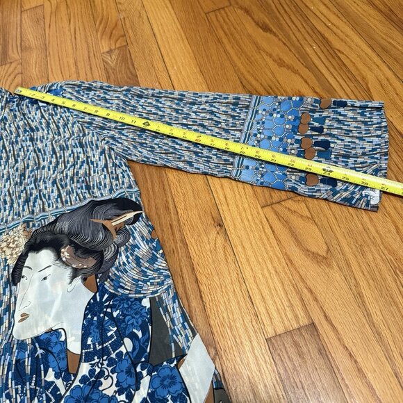 Citron Santa Monica Silk Geisha‎ Print Blue Button Front Blouse Size Medium - Picture 8 of 9